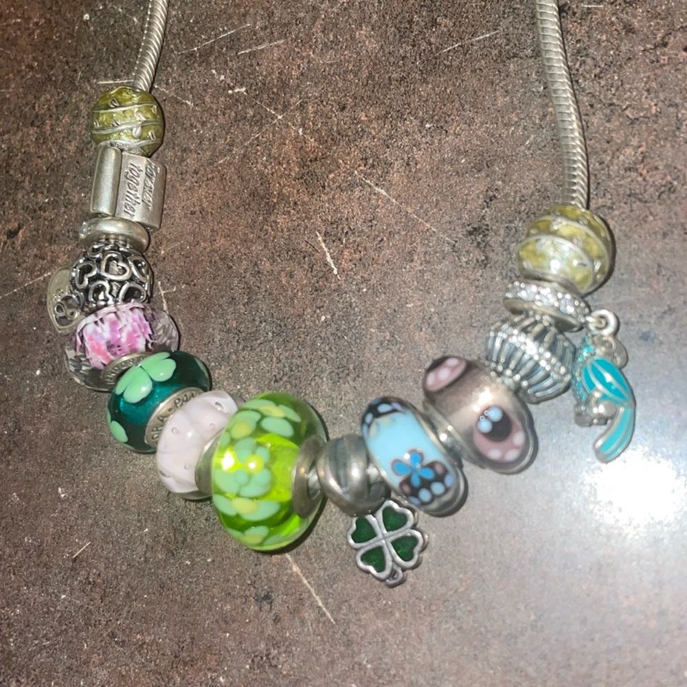 The longer 22 inch size Pandora silver snake style charm necklace with charms